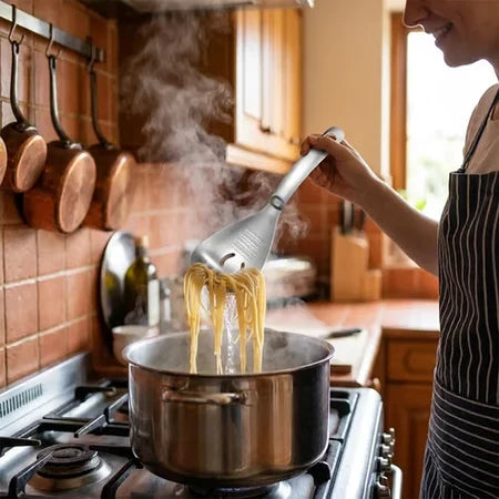 Multi-purpose kitchen spoon straining pasta