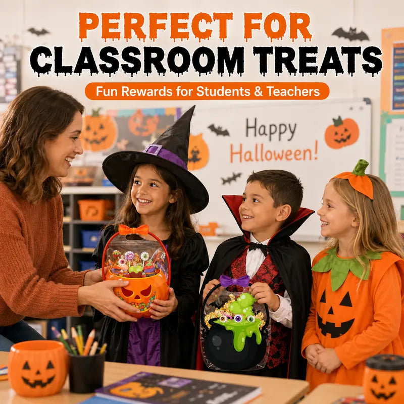 Teacher and children celebrating Halloween in the classroom