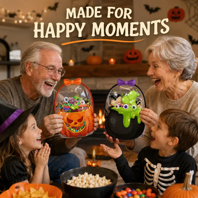Family enjoying Halloween treat bags