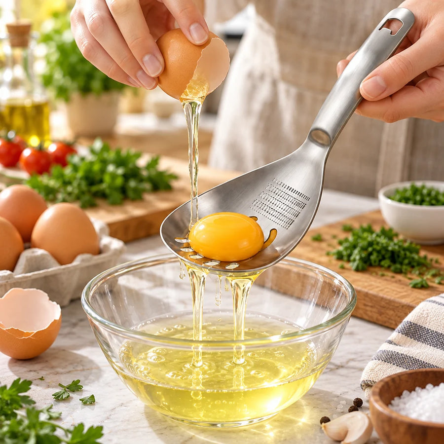 Separating egg yolk and egg white with a stainless steel slotted kitchen spoon