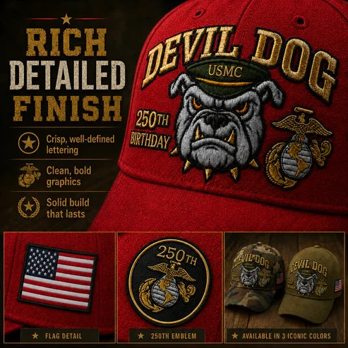 🔥 Father’s Day Sale - ❤️ Handmade Embroidered Devil Dog USMC 250th Birthday Commemorative Cap 🇺🇸