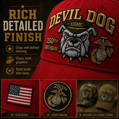 🔥 Father’s Day Sale - ❤️ Handmade Embroidered Devil Dog USMC 250th Birthday Commemorative Cap 🇺🇸