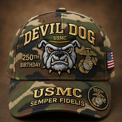🔥 Father’s Day Sale - ❤️ Handmade Embroidered Devil Dog USMC 250th Birthday Commemorative Cap 🇺🇸