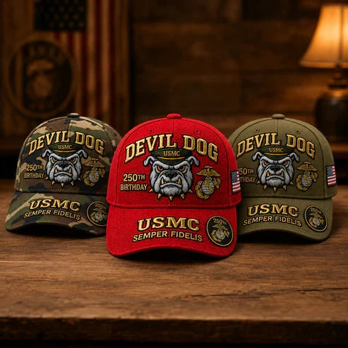 🔥 Father’s Day Sale - ❤️ Handmade Embroidered Devil Dog USMC 250th Birthday Commemorative Cap 🇺🇸