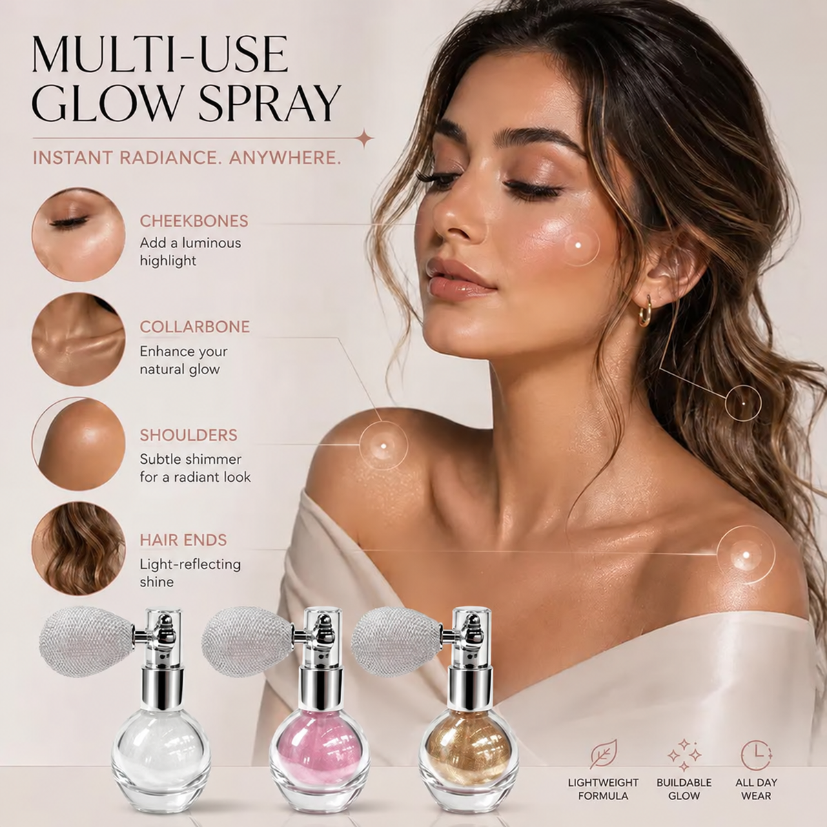 Multi-use shimmer glow for face, shoulders and hair