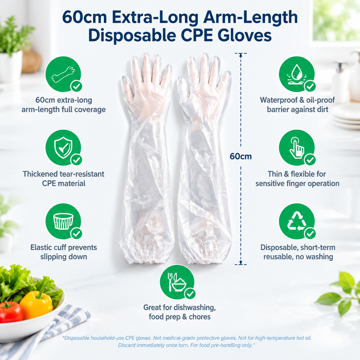 💥Buy 1, Get 1 Free 🧤10 pairs of disposable long-arm gloves with elastic cuffs, suitable for household cleaning
