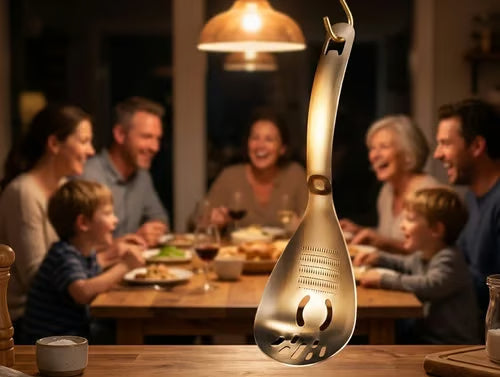 Family enjoying a meal with the kitchen utensil in the foreground