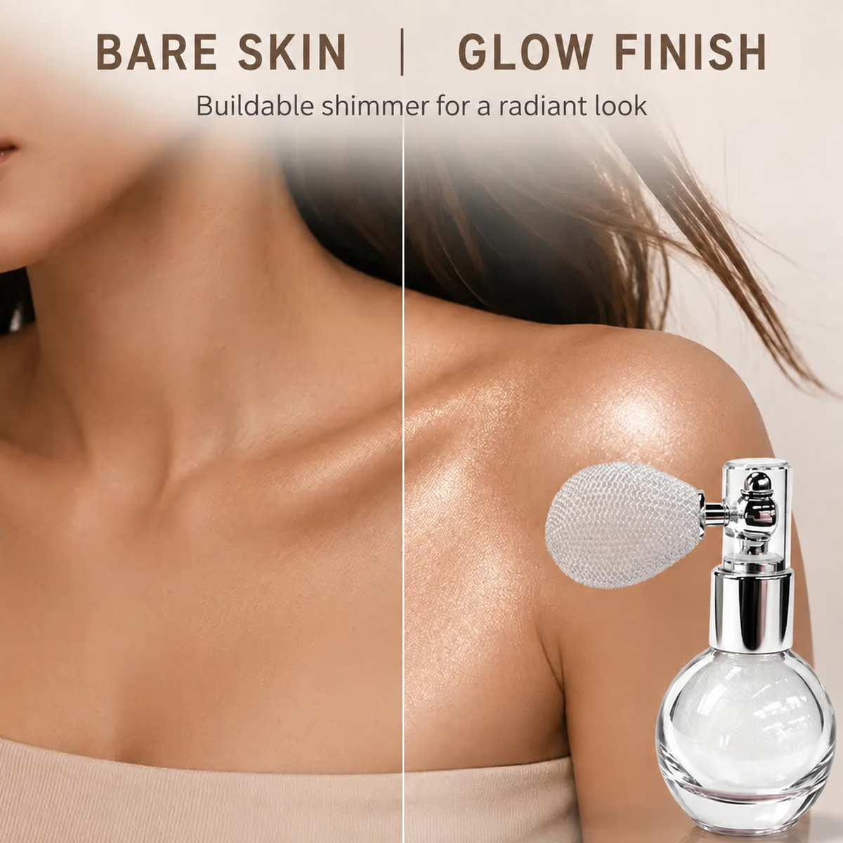 Bare skin compared with a luminous shimmer finish