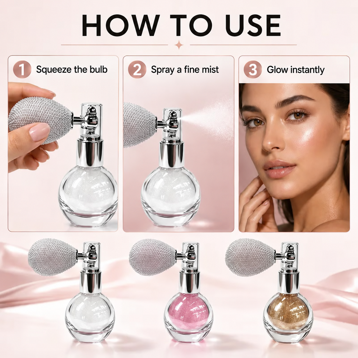 Three steps to use vintage shimmer spray