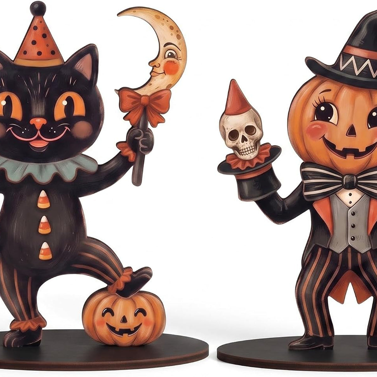 Wooden Cat & Pumpkin Decor - Set of 2 — Black Cat Pumpkin Sign option