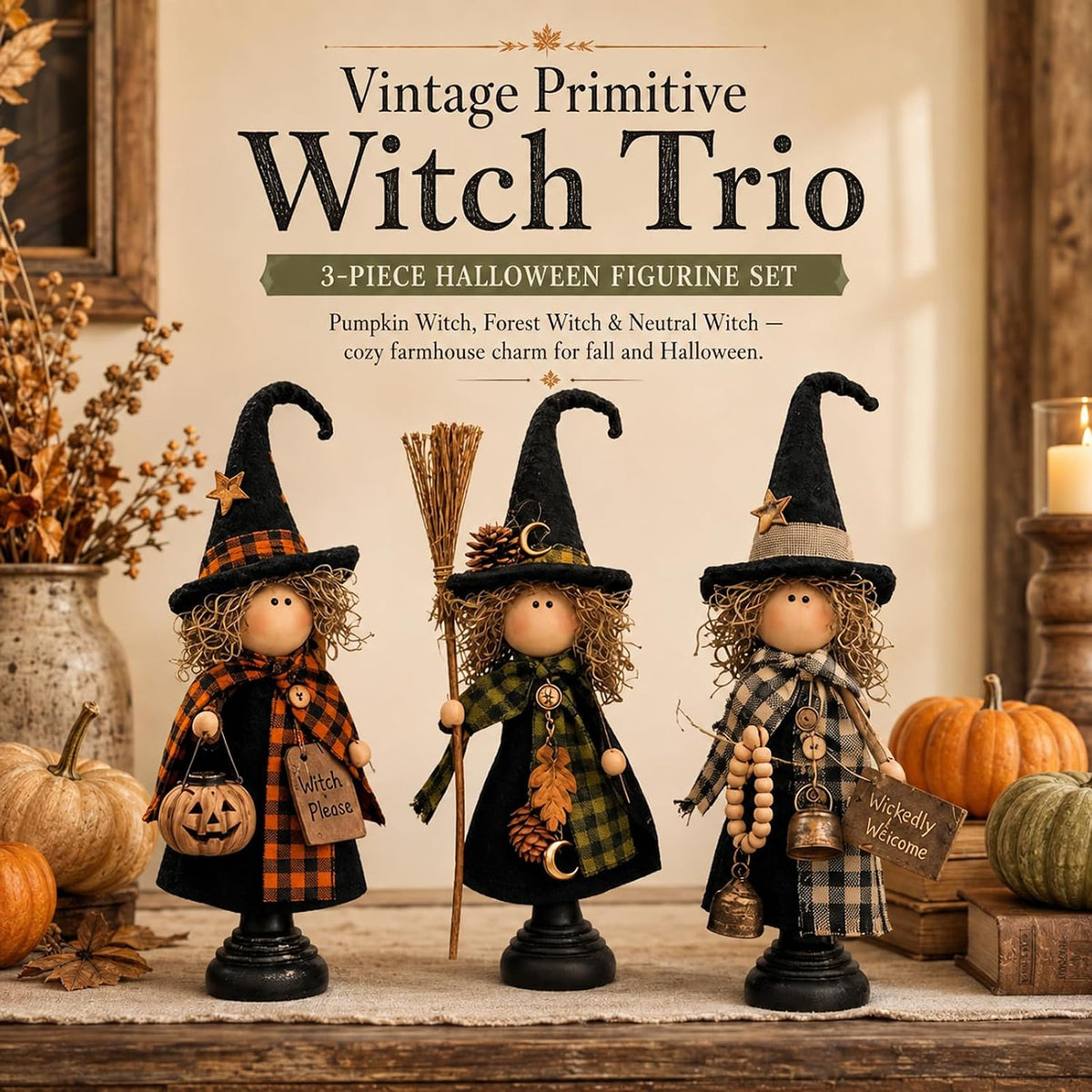 Rustic Halloween Witch Figurines - Set of 3 — product gallery 02